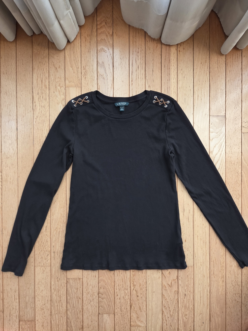 Lauren Ralph Lauren Black Long-Sleeve Tee with Brown Lace-Up Shoulder Detail